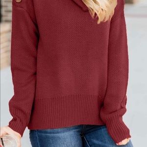 Red cowl neck sweater with button detail